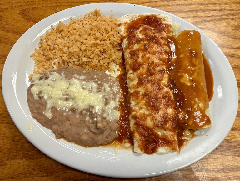 38. Burrito, Enchilada, Rice and Beans