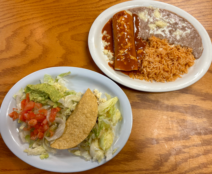 N. Taco, Enchilada, Rice, Beans and Guacamole Salad