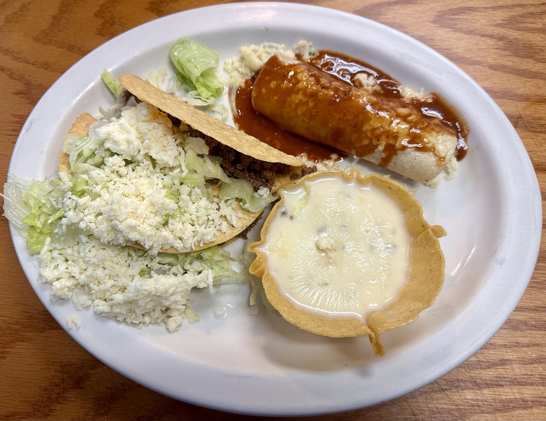 R. Two Beef Tacos, Beef Enchilada and Chile Con Queso