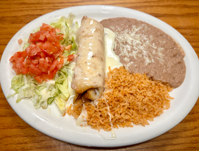 37. Chimichanga, rice and beans