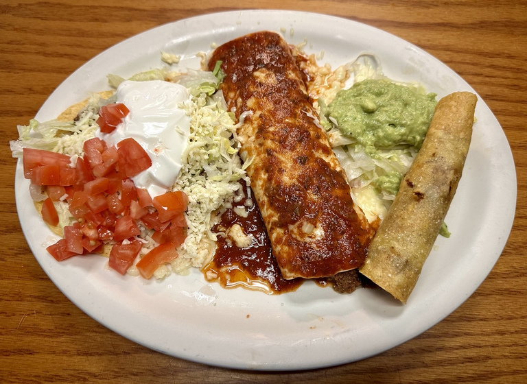 E. Burrito, Flauta, and Beef Tostada