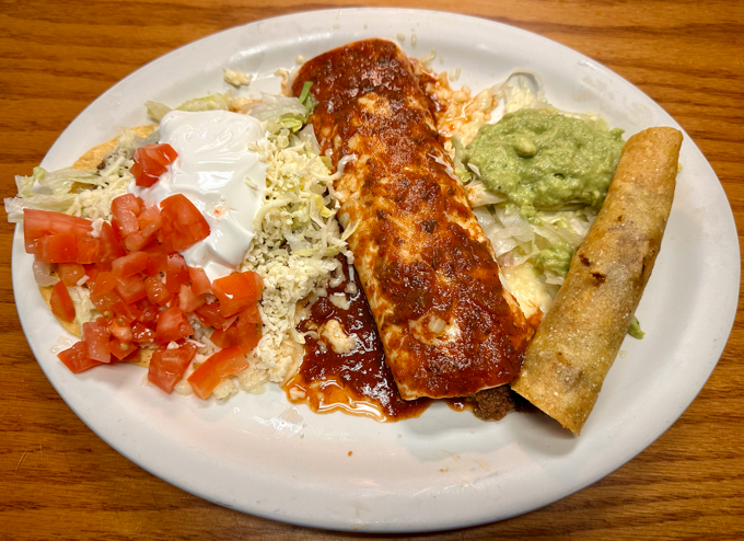 E. Burrito, Flauta, and Beef Tostada