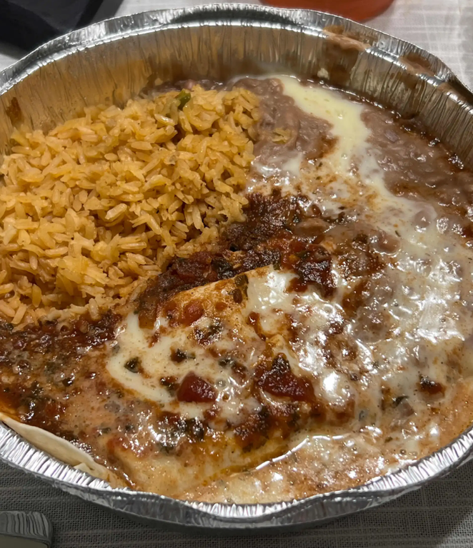 J, Burrito, Rice, and Beans